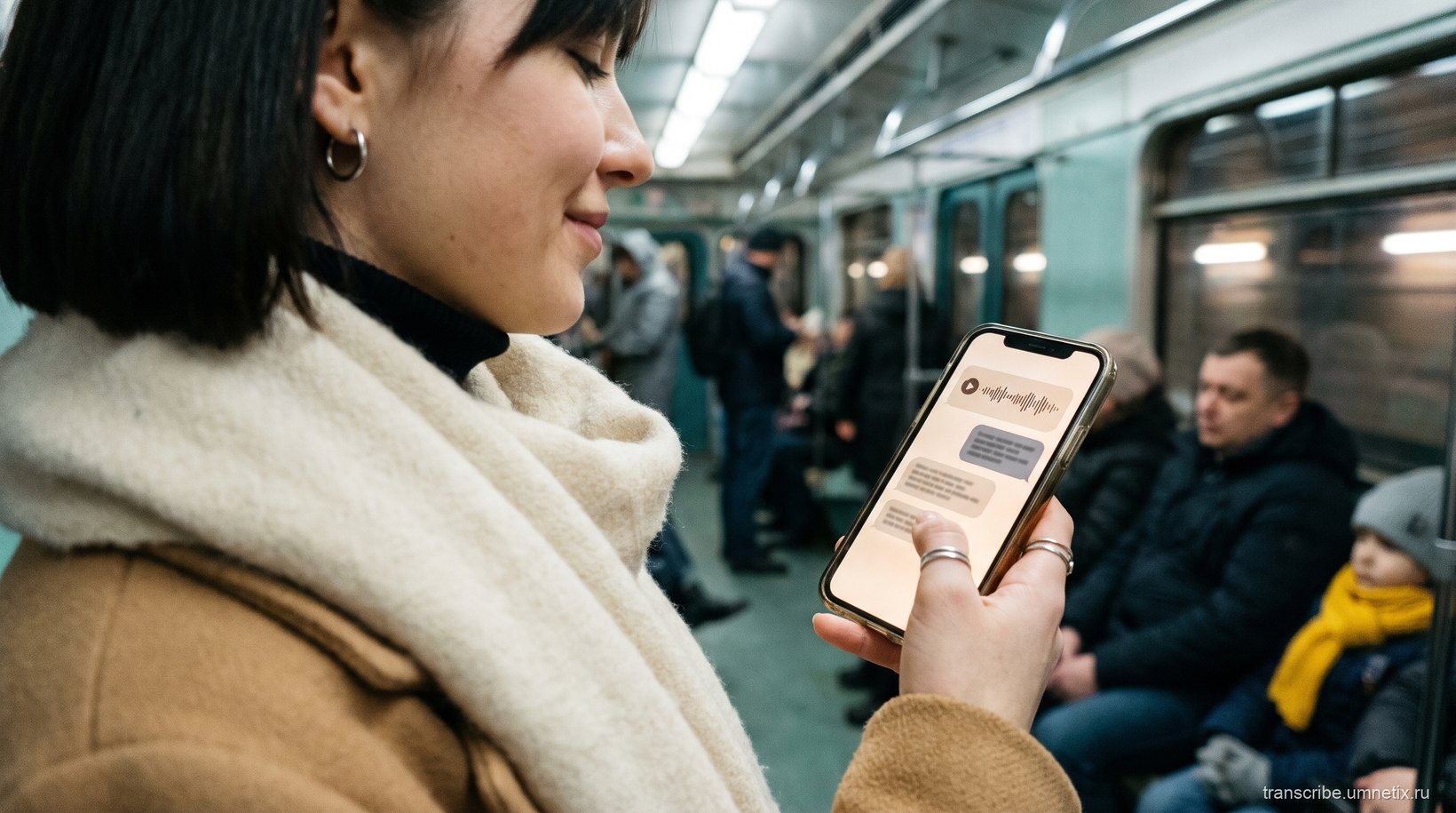 Девушка в вагоне метро читает на телефоне расшифровку голосового сообщения вместо того, чтобы его слушать
