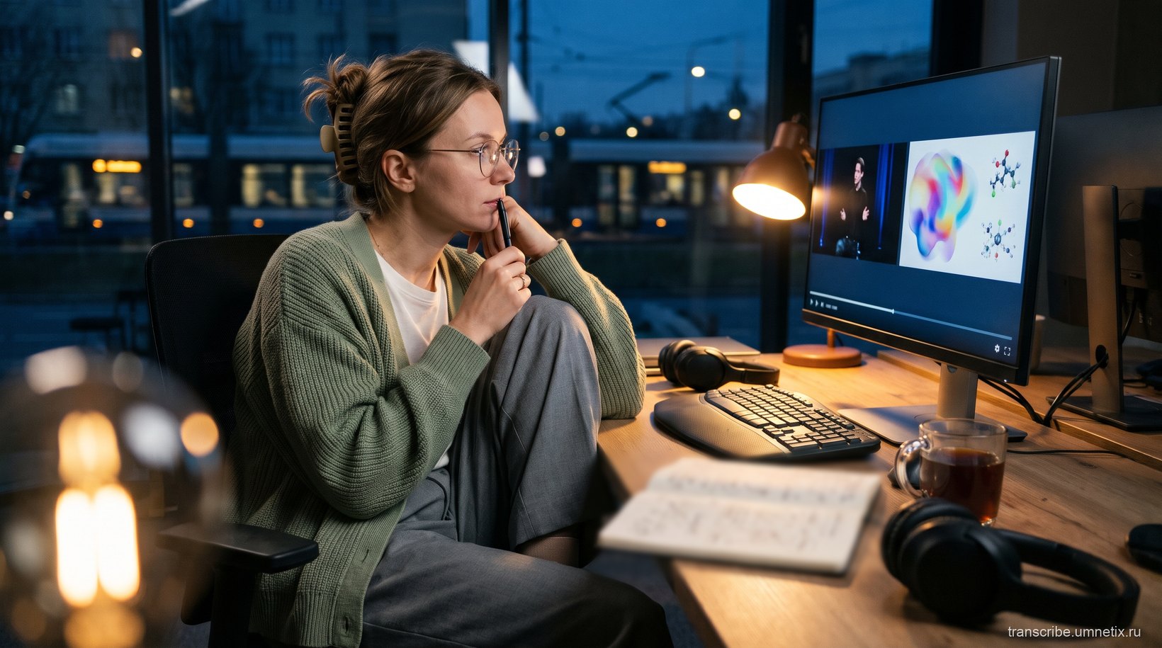 Женщина вечером в коворкинге смотрит на мониторе запись иностранного доклада и делает пометки в блокноте